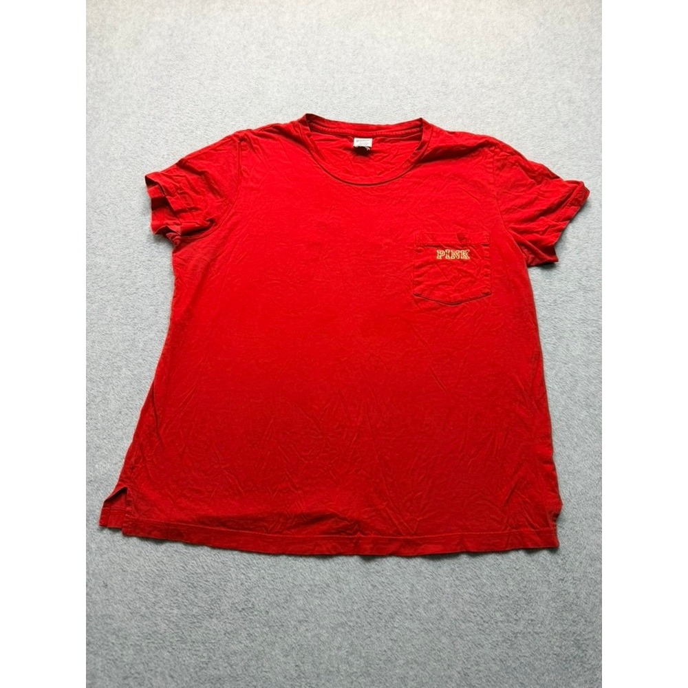 Victorias Secret PINK Red Short Sleeve Pocket Tee Shirt Embroidered Logo Large